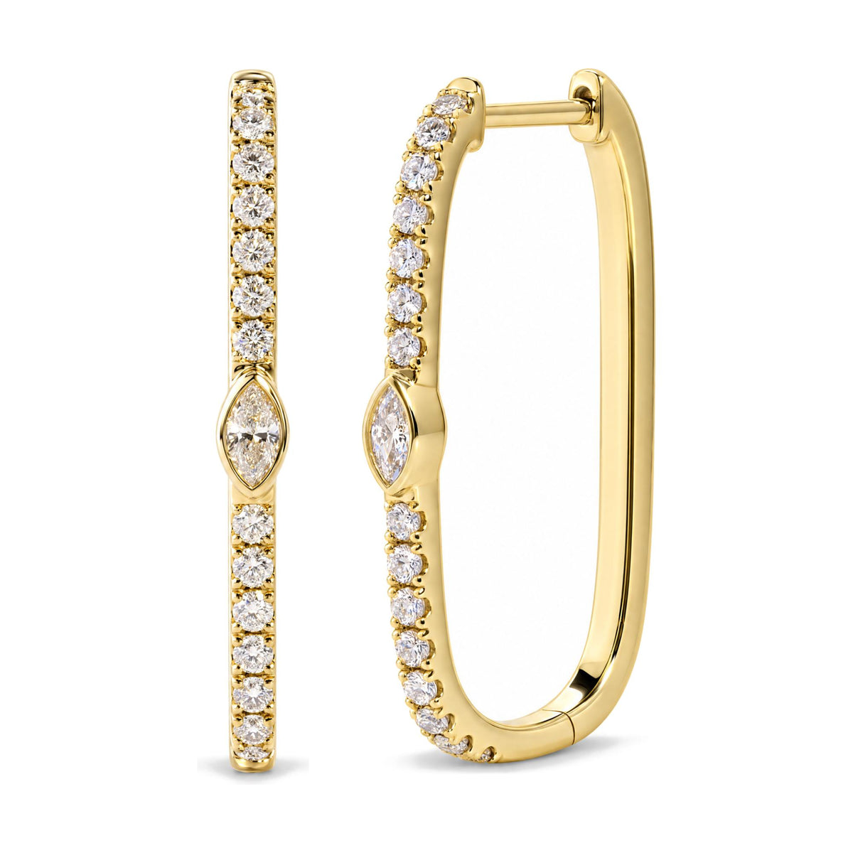 14K Yellow Gold 1/3 Cttw Marquise Diamond Rectangular Hoop Earrings
