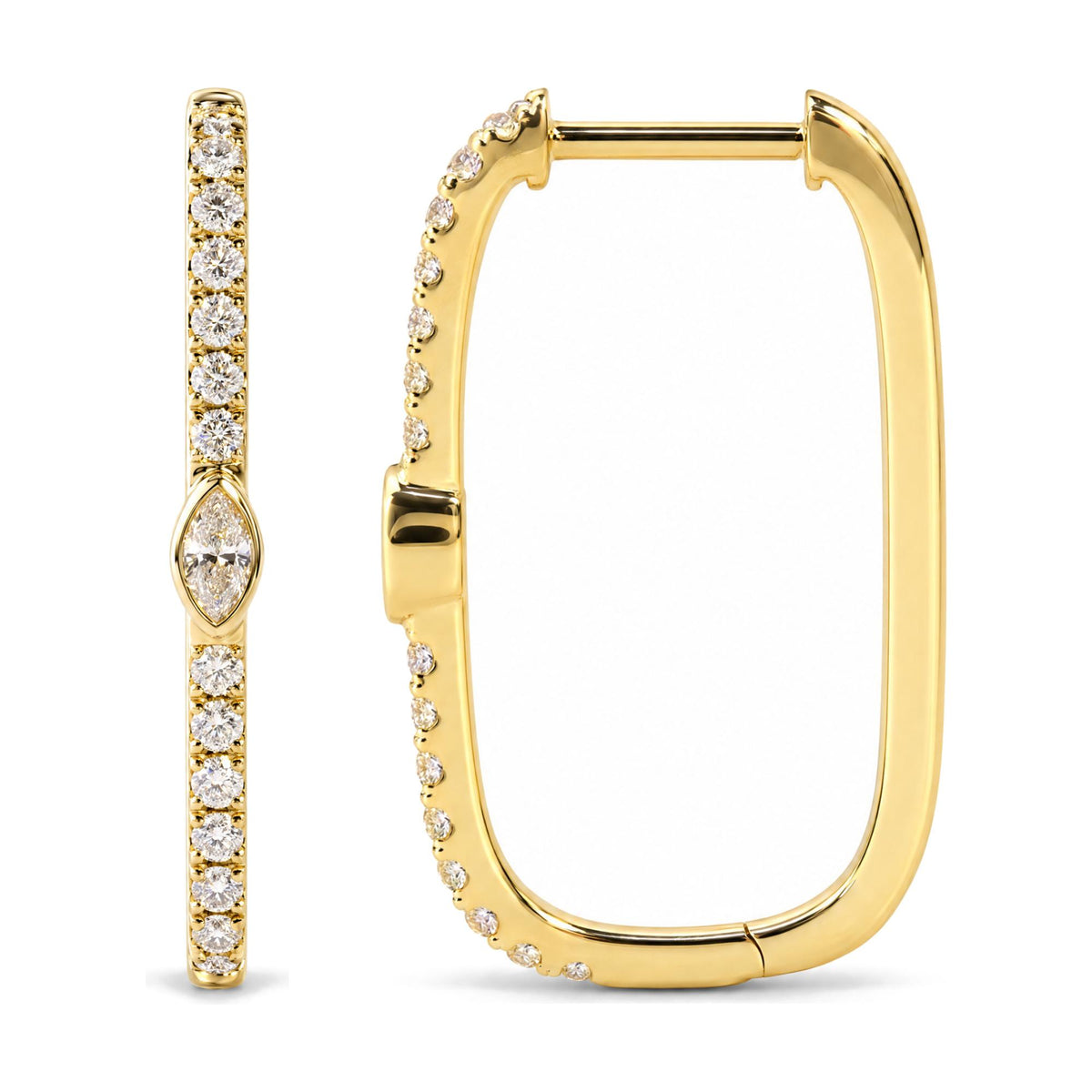 14K Yellow Gold 1/3 Cttw Marquise Diamond Rectangular Hoop Earrings