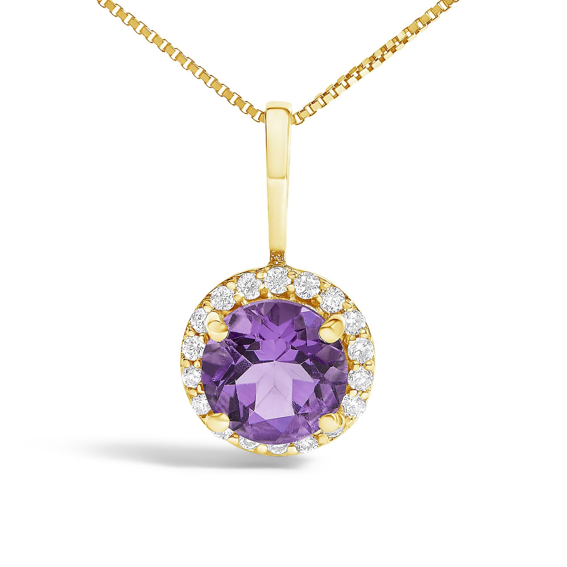 Yellow necklace shown from front angle with a round purple gemstone centerpiece set with four prongs, surrounded by a halo of round white gemstones in shared prong setting.