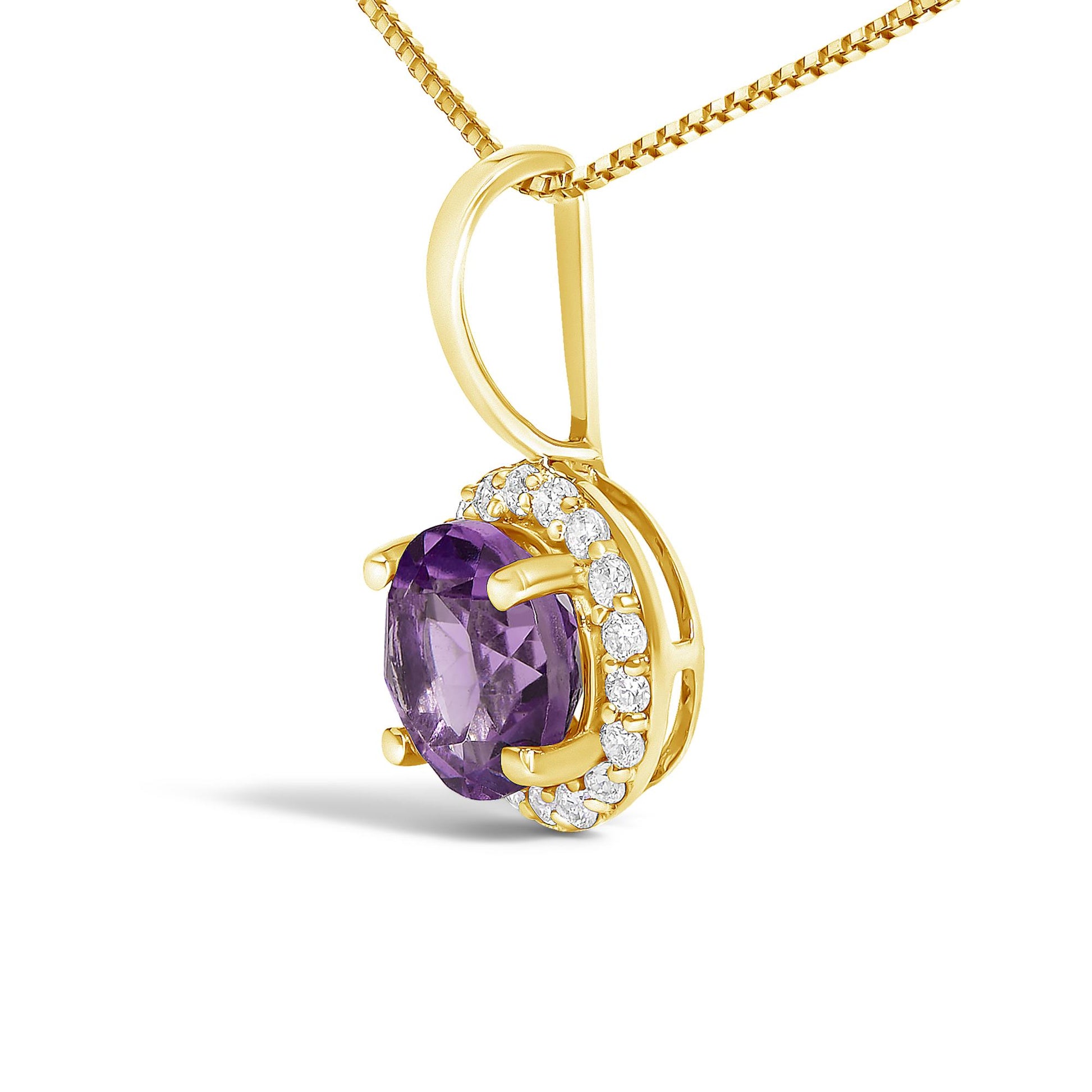 Close-up side angled shot of a yellow metal necklace pendant featuring a central round purple gemstone set with four prongs and surrounded by a halo of round white gemstones in a shared prong setting.