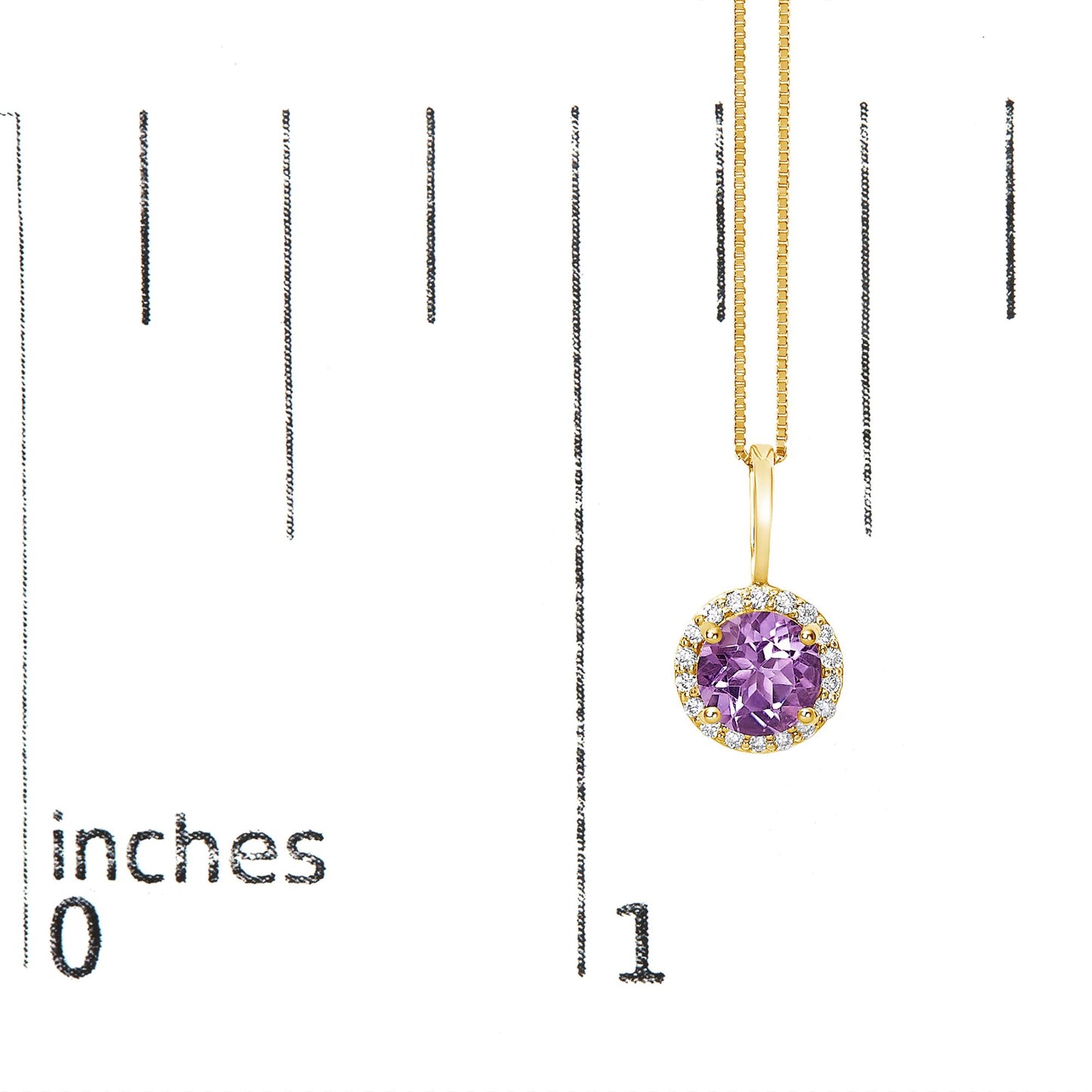 Close-up front view of a yellow metal necklace pendant with a round purple gemstone in the center, surrounded by a halo of small round white gemstones, shown on a scale.
