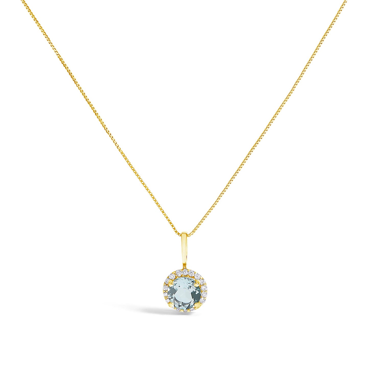 Yellow metal necklace with a round blue gemstone pendant surrounded by smaller white gemstones, shown in a front-facing view on a white background.