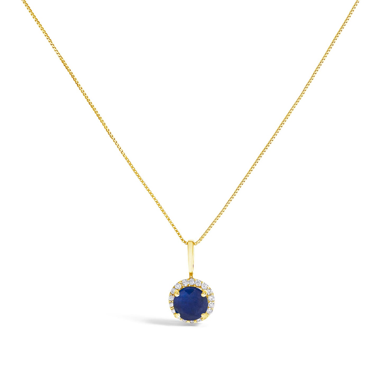 Yellow metal necklace with a round blue gemstone pendant surrounded by small white gemstones, shown in a front-facing angle on a white background.
