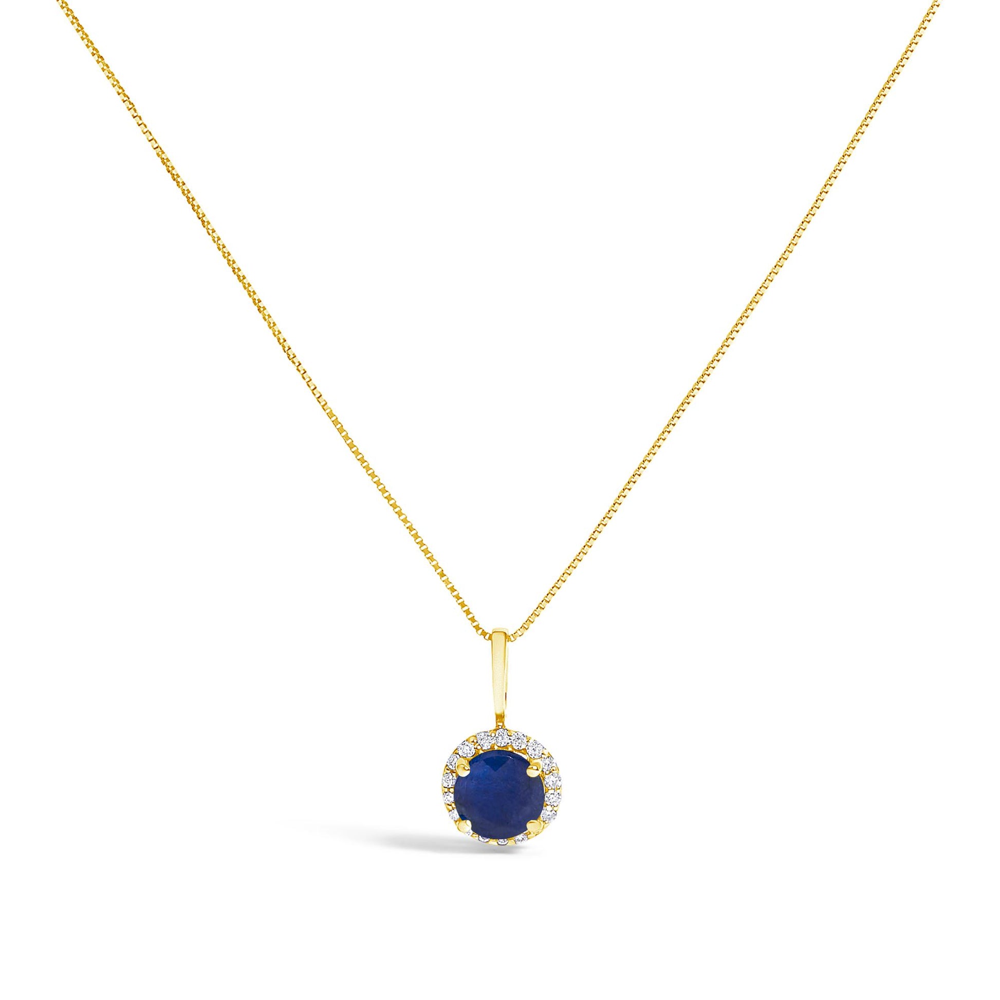 Yellow metal necklace with a round blue gemstone pendant surrounded by small white gemstones, shown in a front-facing angle on a white background.