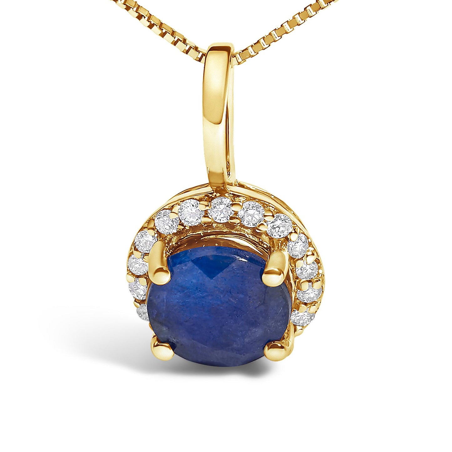 Close-up front angle of a yellow metal necklace pendant featuring a round blue gemstone in a four-prong setting, surrounded by a curved row of small round white gemstones in a shared prong setting.