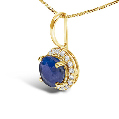 Close-up front angle of a yellow necklace pendant featuring a round blue gemstone in a four-prong setting, surrounded by a halo of small round white gemstones in a shared prong setting.