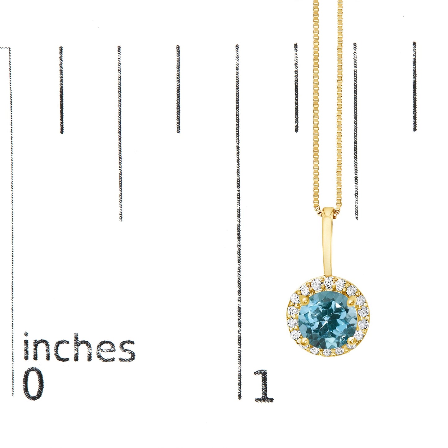 Yellow metal necklace with a round blue gemstone pendant surrounded by small white gemstones, shown on a scale from a front angle.
