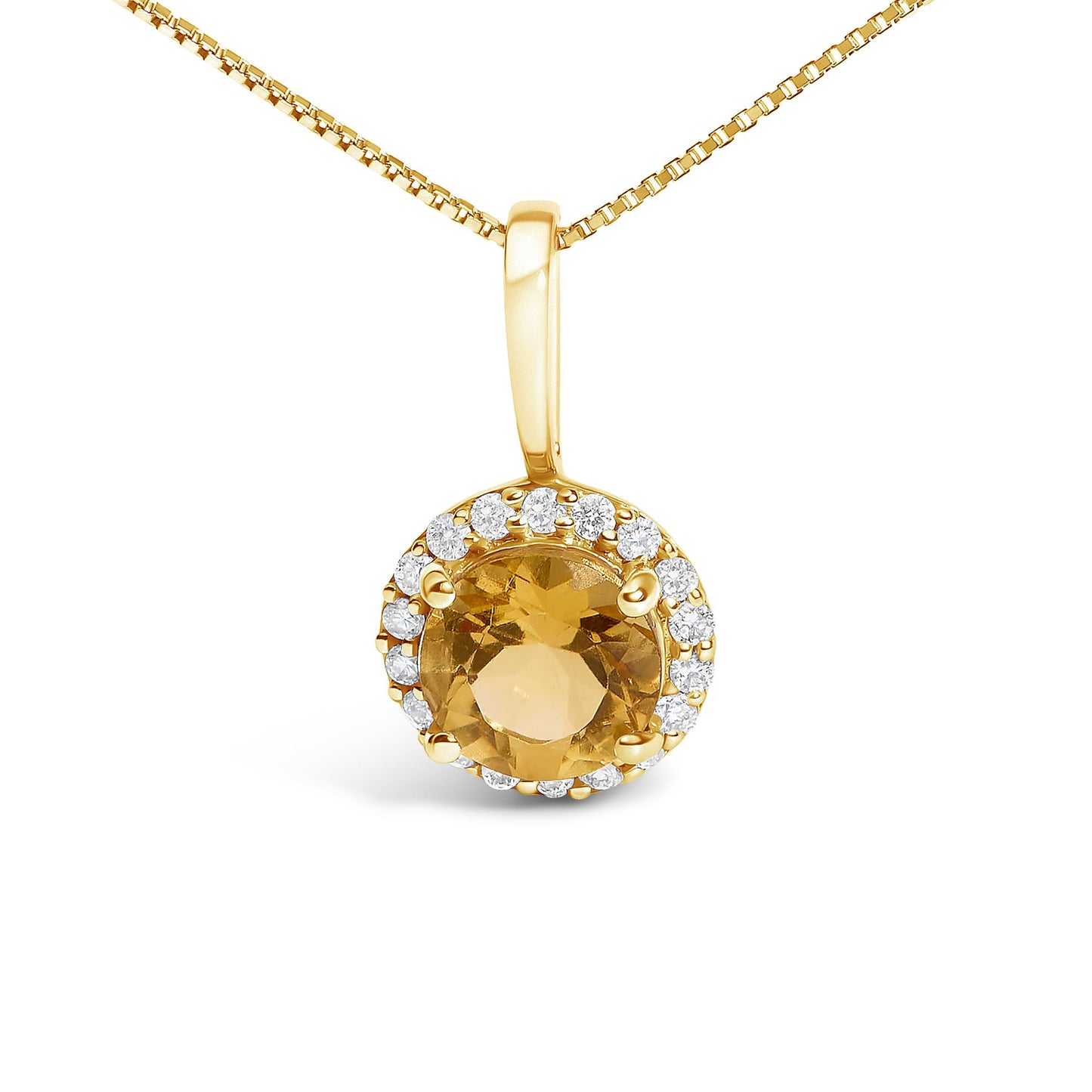 Front view of a yellow necklace with a round orange gemstone pendant surrounded by a circle of small white gemstones.