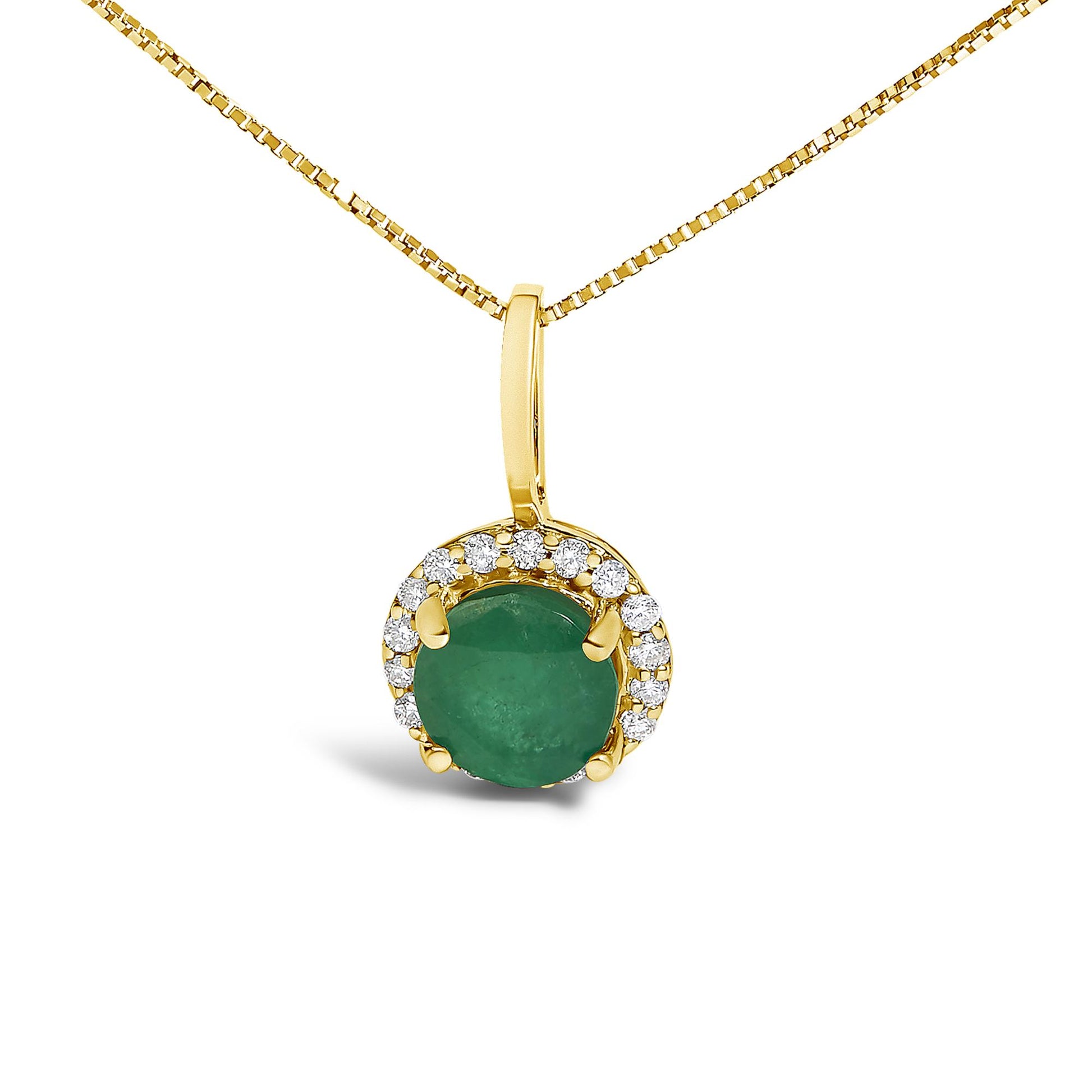 Close-up front view of a yellow necklace with a round green gemstone pendant surrounded by a halo of round white gemstones, shown against a white background.