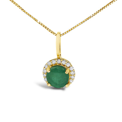 Close-up front view of a yellow necklace with a round green gemstone pendant surrounded by a halo of round white gemstones, shown against a white background.