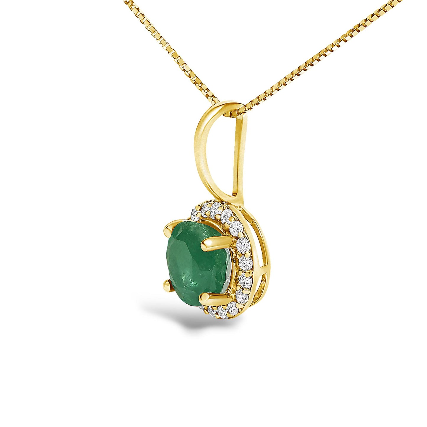 Yellow metal necklace with a pendant featuring a round green gemstone in a four-prong setting, surrounded by a halo of round white gemstones in a shared prong setting, shown in a close-up front angle.