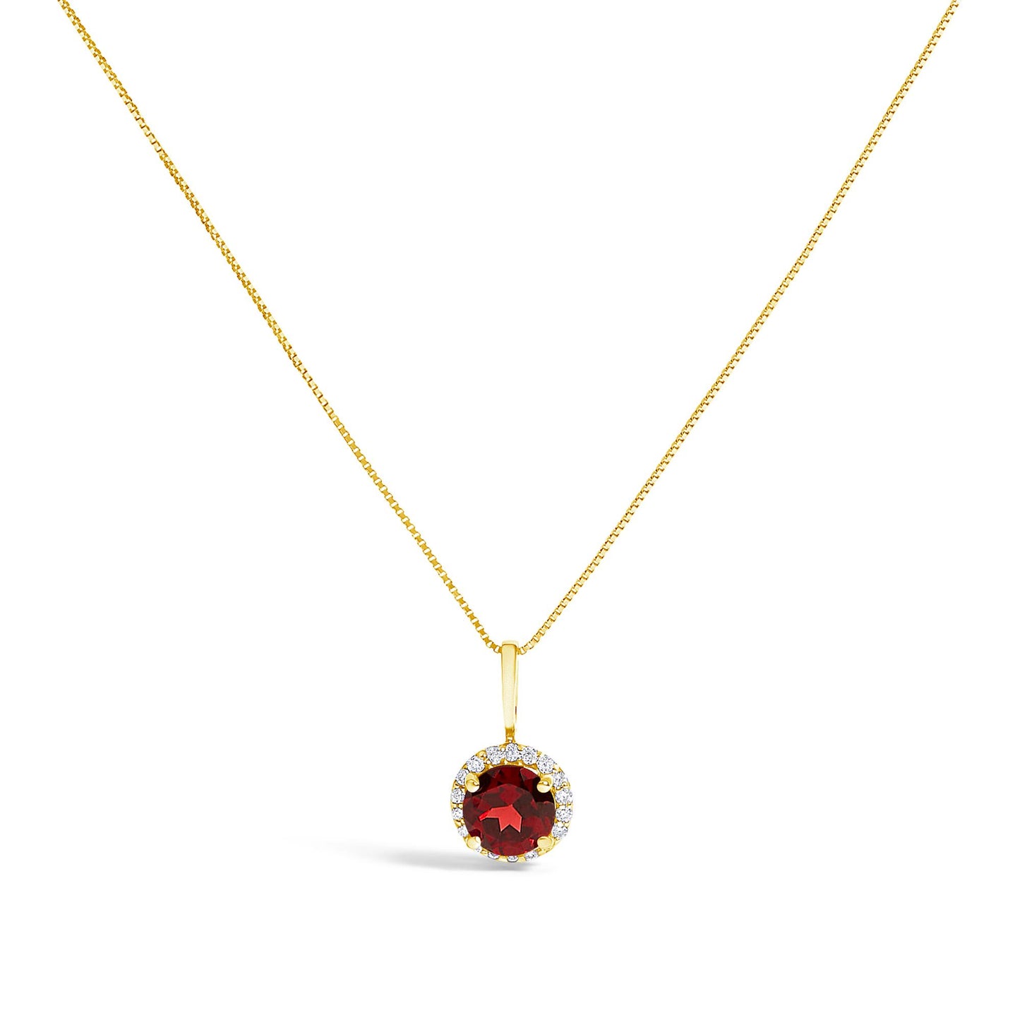 Yellow metal necklace shown from the front with a round red gemstone pendant surrounded by a halo of small white gemstones.