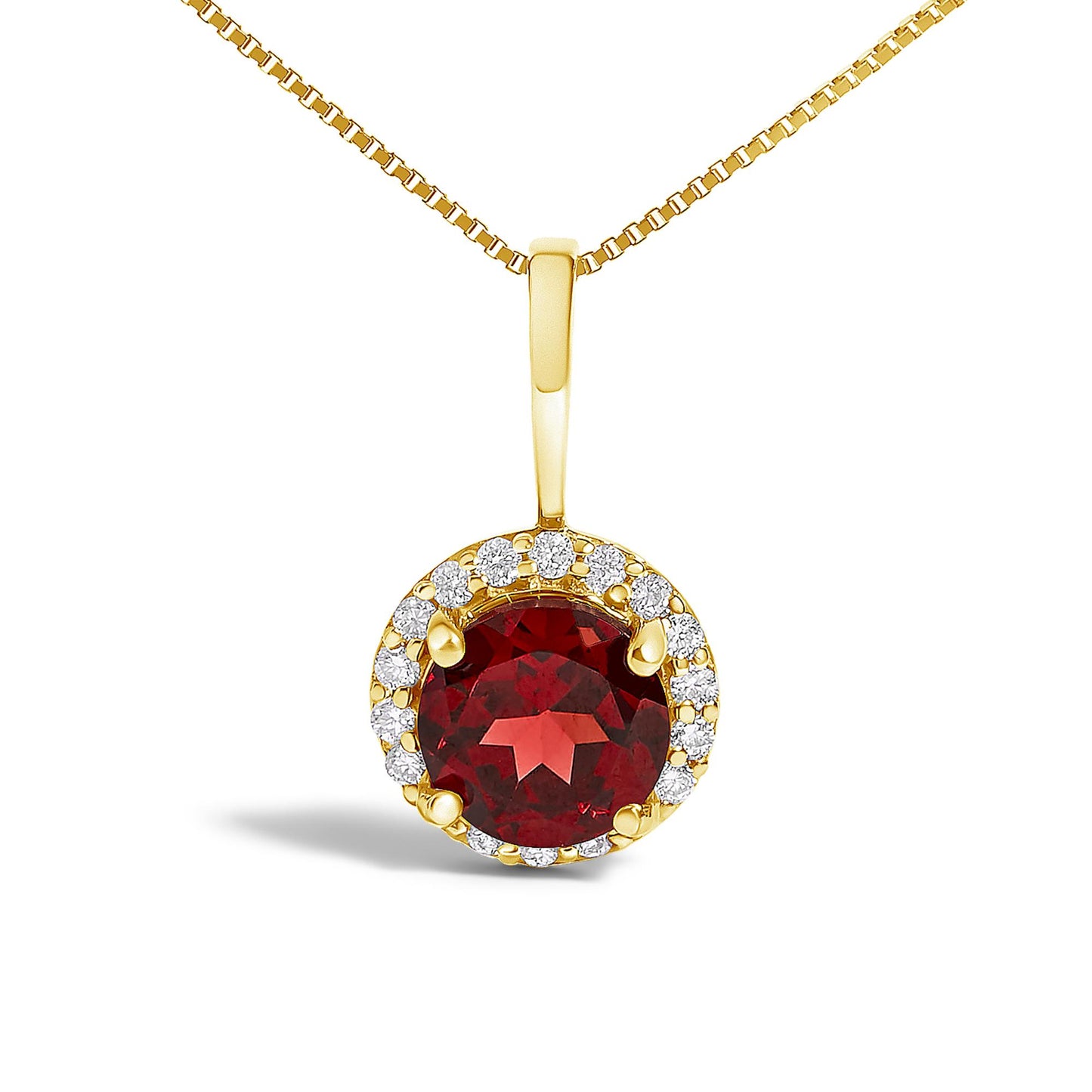 Yellow metal necklace with a round red gemstone pendant surrounded by a circle of round white gemstones, shown in a front-facing close-up angle.