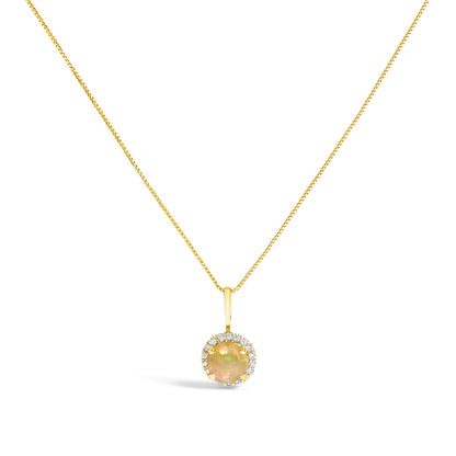 Close-up front view of a yellow necklace with a round multi-color opal gemstone pendant surrounded by round white gemstones in shared prong setting, shown on a white background.