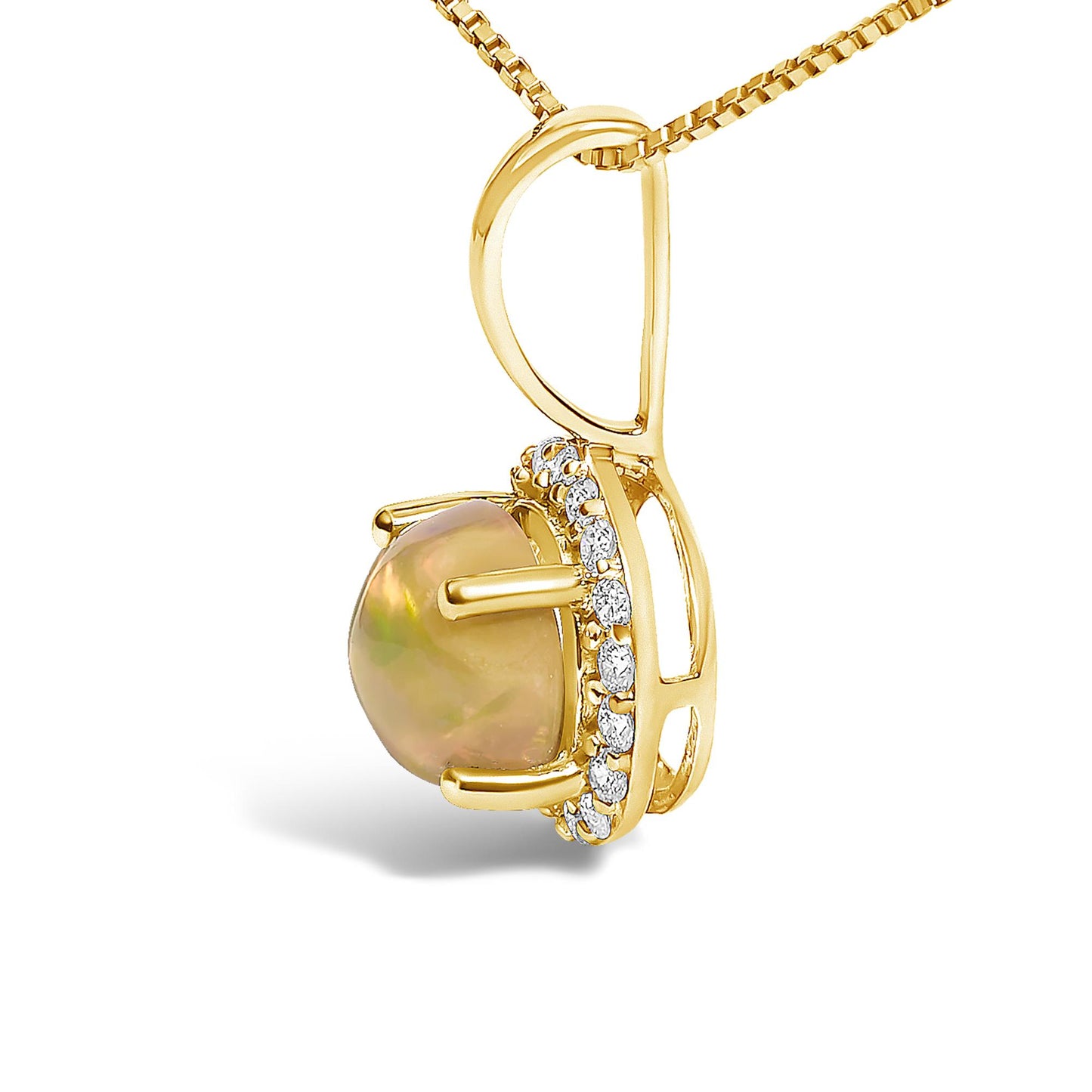 Close-up side view of a yellow metal necklace pendant featuring a round multi-color gemstone set with four prongs, surrounded by a halo of small round white gemstones in shared prong setting.