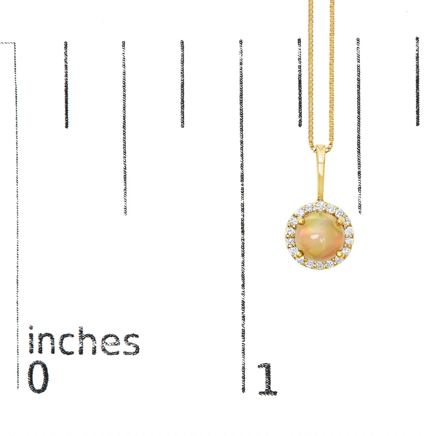 Close-up of a yellow metal necklace shown on a scale, featuring a round multi-color gemstone pendant surrounded by a halo of round white gemstones in shared prong settings, viewed from the front.