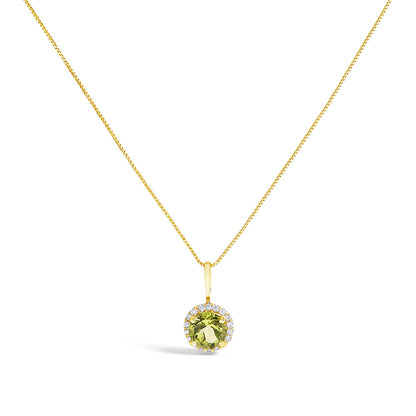 Yellow metal necklace with a round green gemstone pendant surrounded by white gemstones in a shared prong setting, shown from a front angle on a white background.
