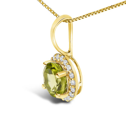 Close-up side angle of a yellow metal necklace pendant featuring a round green gemstone in a four-prong setting, surrounded by multiple small round white gemstones in a shared prong setting. The pendant is shown hanging on a yellow metal chain.