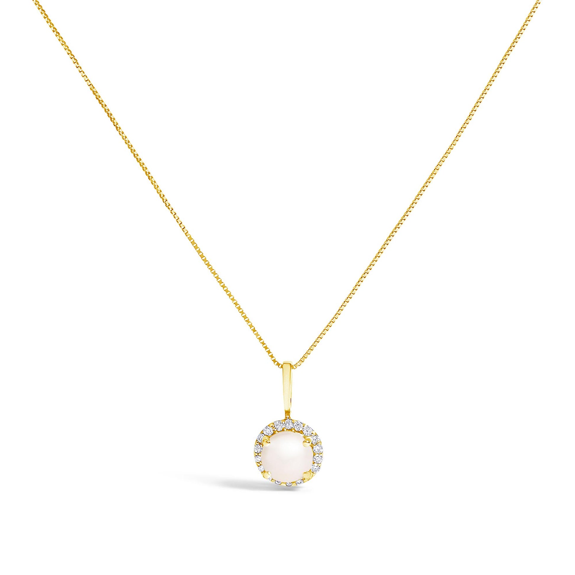 Front view of a yellow necklace with a round pendant featuring a central white gemstone surrounded by white gemstones in a shared prong setting.