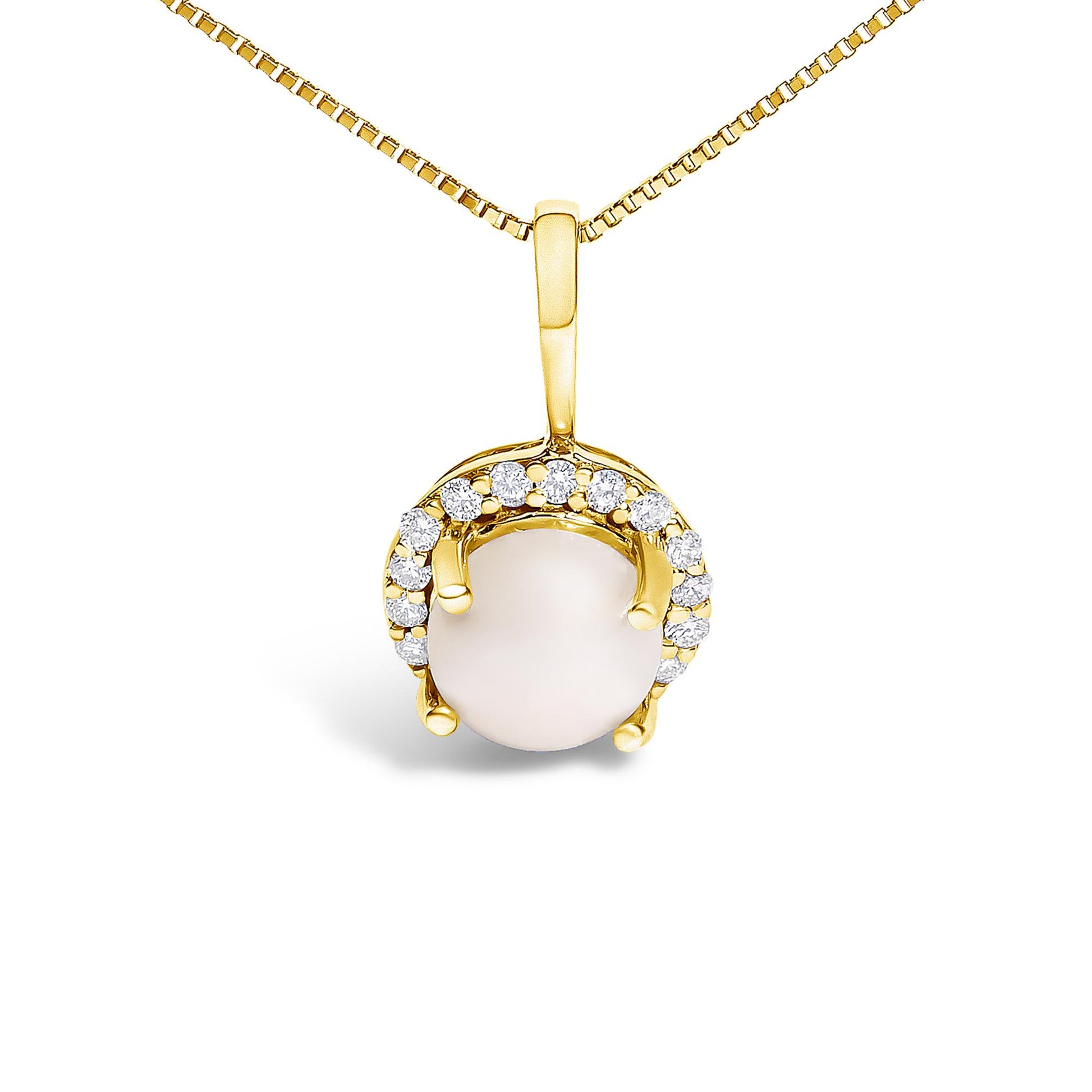 Yellow metal necklace shown from front with a round central white pearl-like gemstone surrounded by a semicircle of small round white gemstones in a shared prong setting.