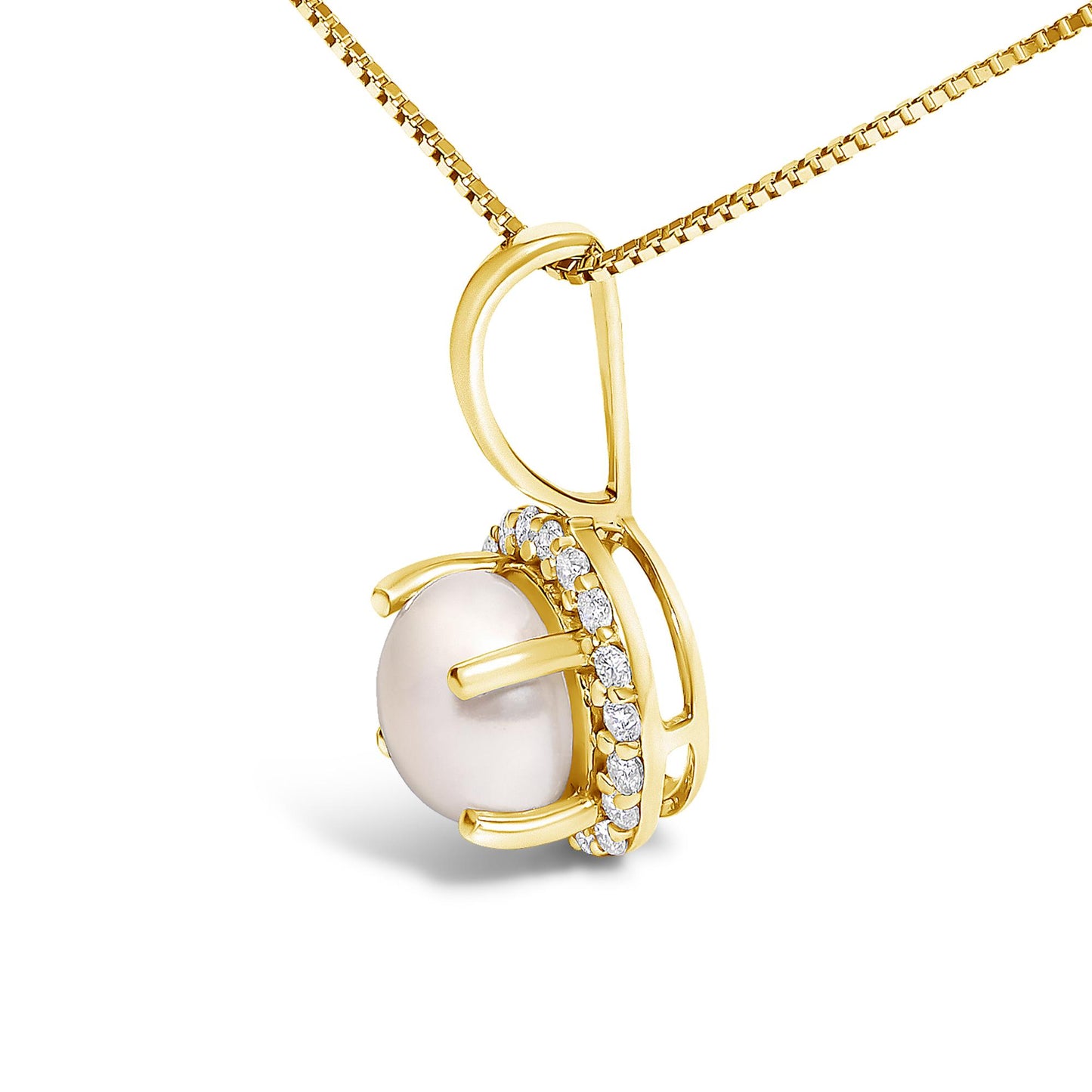 Close-up of a yellow metal necklace pendant with a round white gemstone surrounded by small white gemstones in shared prong setting, shown from a side angle.