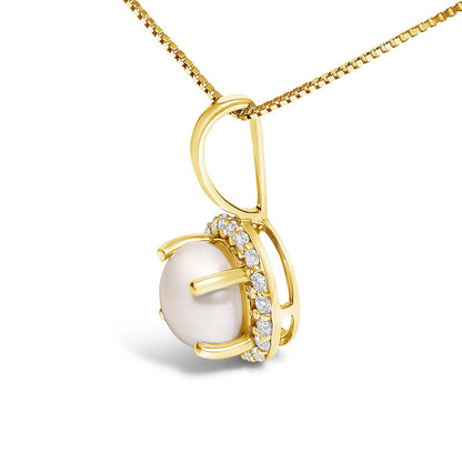 Close-up of a yellow metal necklace pendant with a round white gemstone surrounded by small white gemstones in shared prong setting, shown from a side angle.