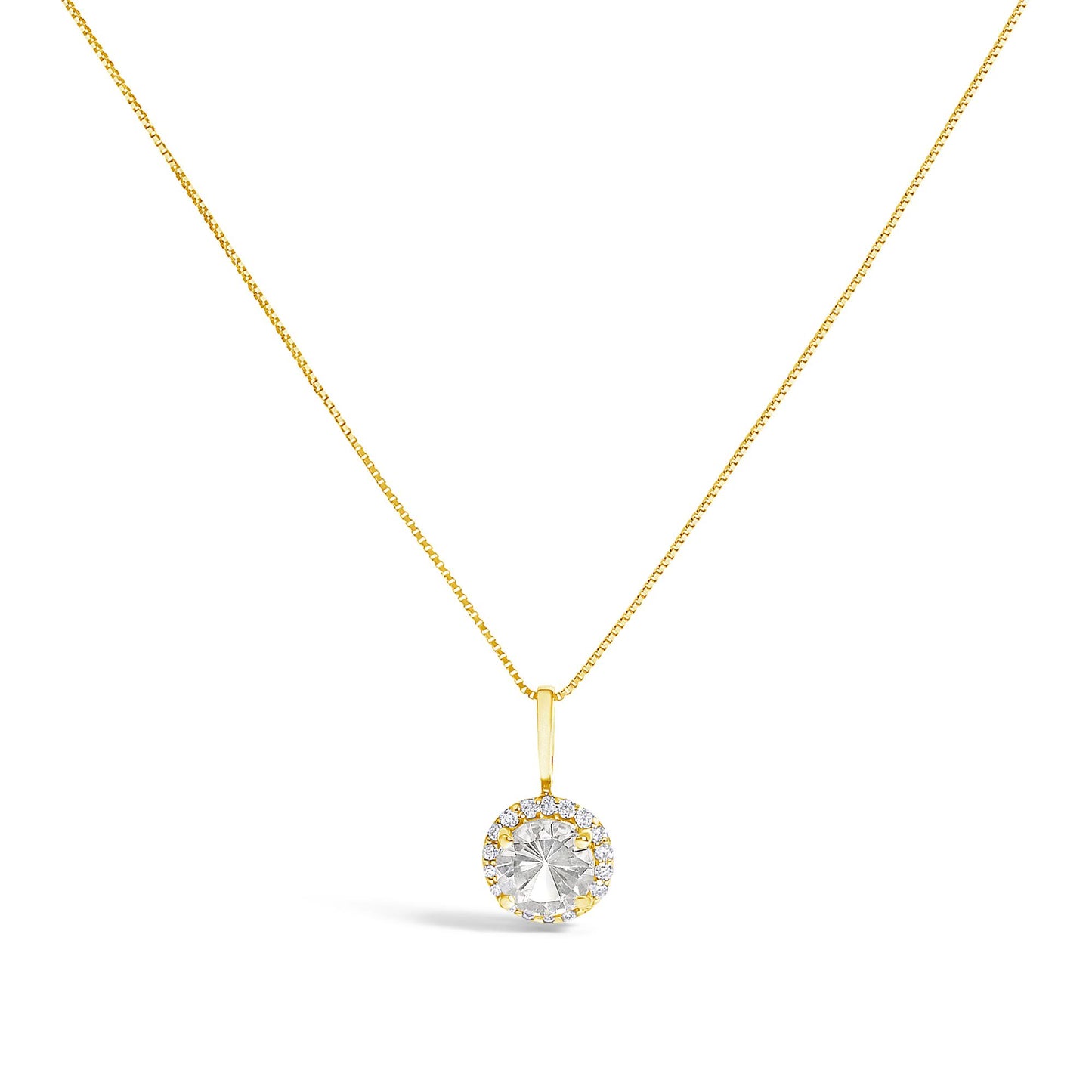 Yellow necklace shown from the front with a round white gemstone in the center pendant surrounded by smaller round white gemstones in a shared prong setting.
