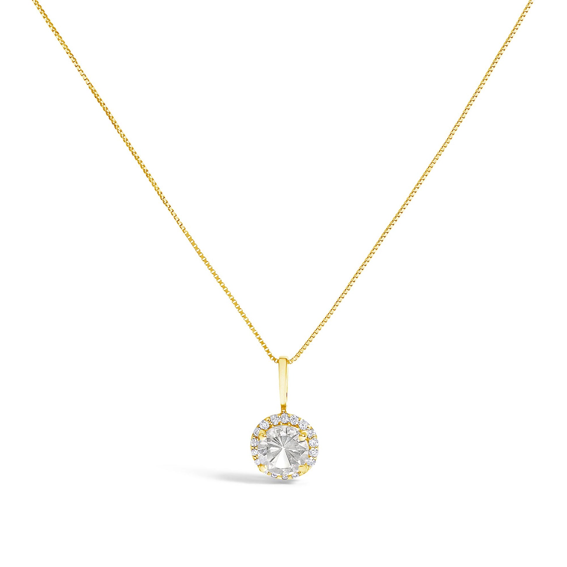 Yellow necklace shown from the front with a round white gemstone in the center pendant surrounded by smaller round white gemstones in a shared prong setting.