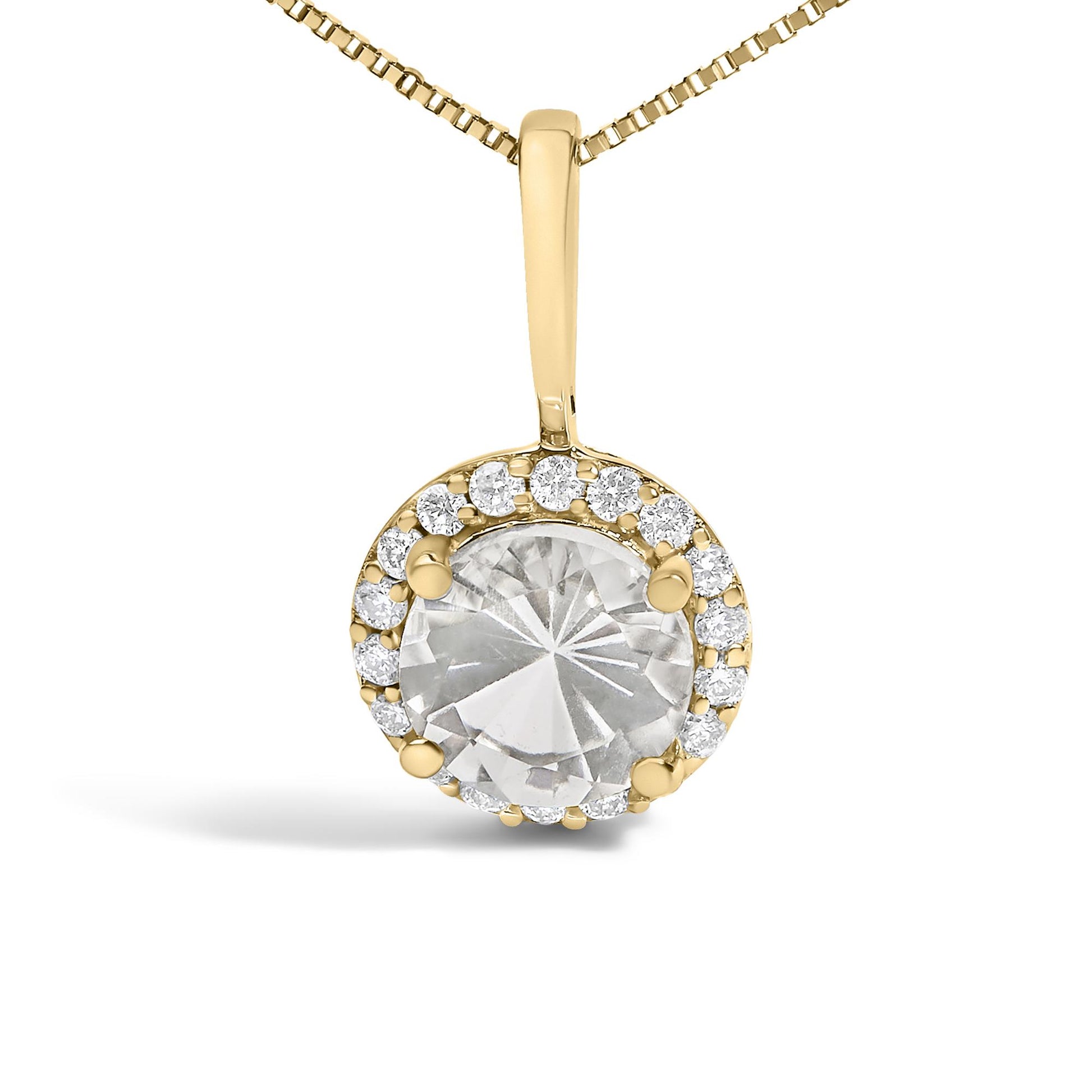 Close-up front view of a yellow metal necklace pendant featuring a large round white gemstone in a four-prong setting, surrounded by a halo of small round white gemstones in a shared prong setting.