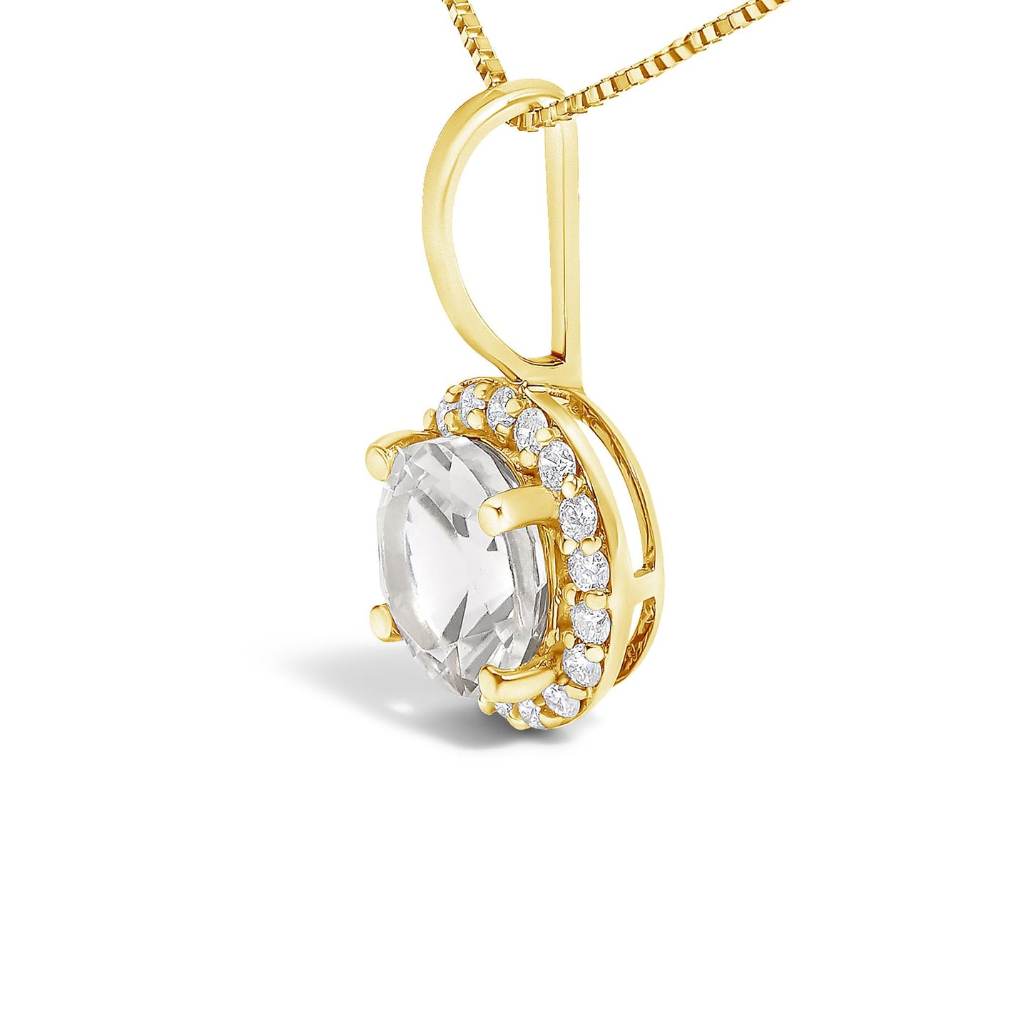 Close-up front angle of a yellow metal necklace pendant featuring a large round white gemstone in a four-prong setting, surrounded by multiple small round white gemstones in a shared prong setting, shown on a white background.