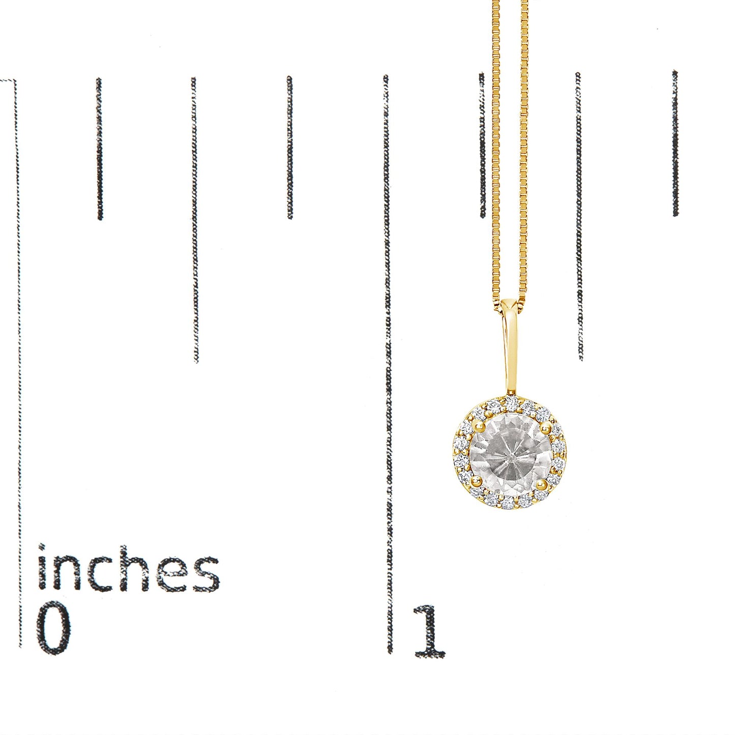 Yellow necklace with a round white gemstone pendant surrounded by small white gemstones in shared prong setting, shown hanging on a scale with inch measurements, front angle.