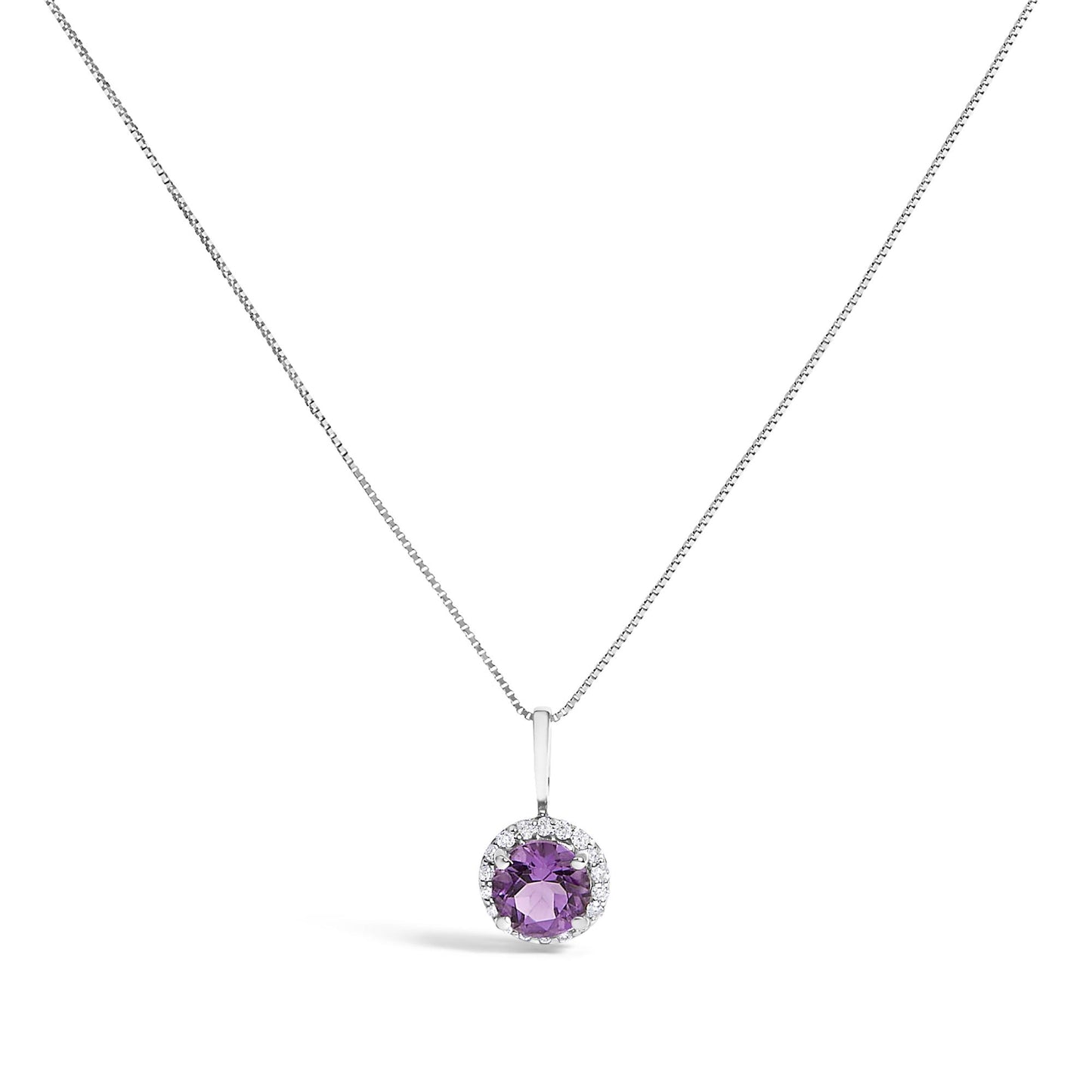 White metal necklace with a round purple gemstone pendant surrounded by a halo of small round white gemstones, shown in a front-facing view on a white background.