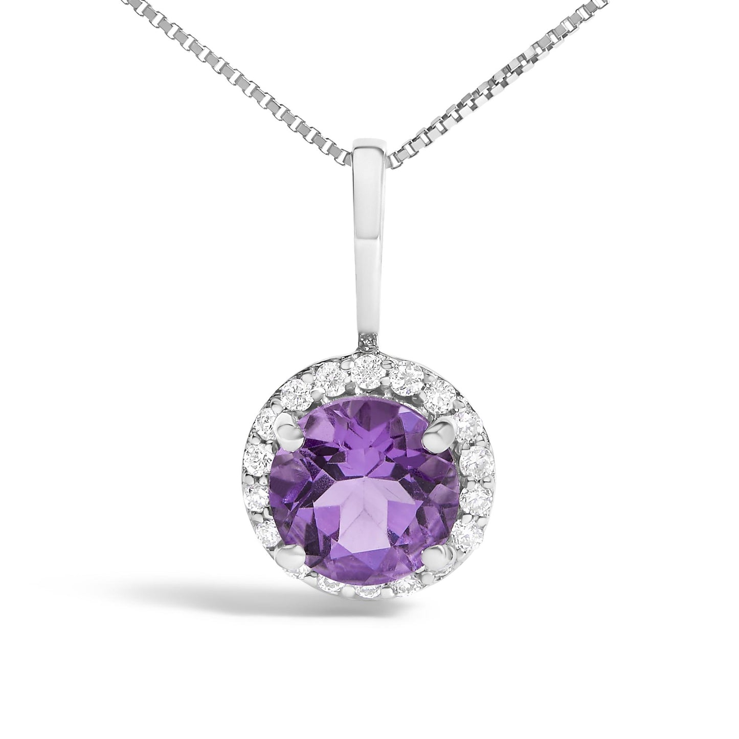 Front view of a white metal necklace pendant featuring a round purple gemstone in the center surrounded by round white gemstones in shared prong setting, shown hanging on a white metal chain against a white background.