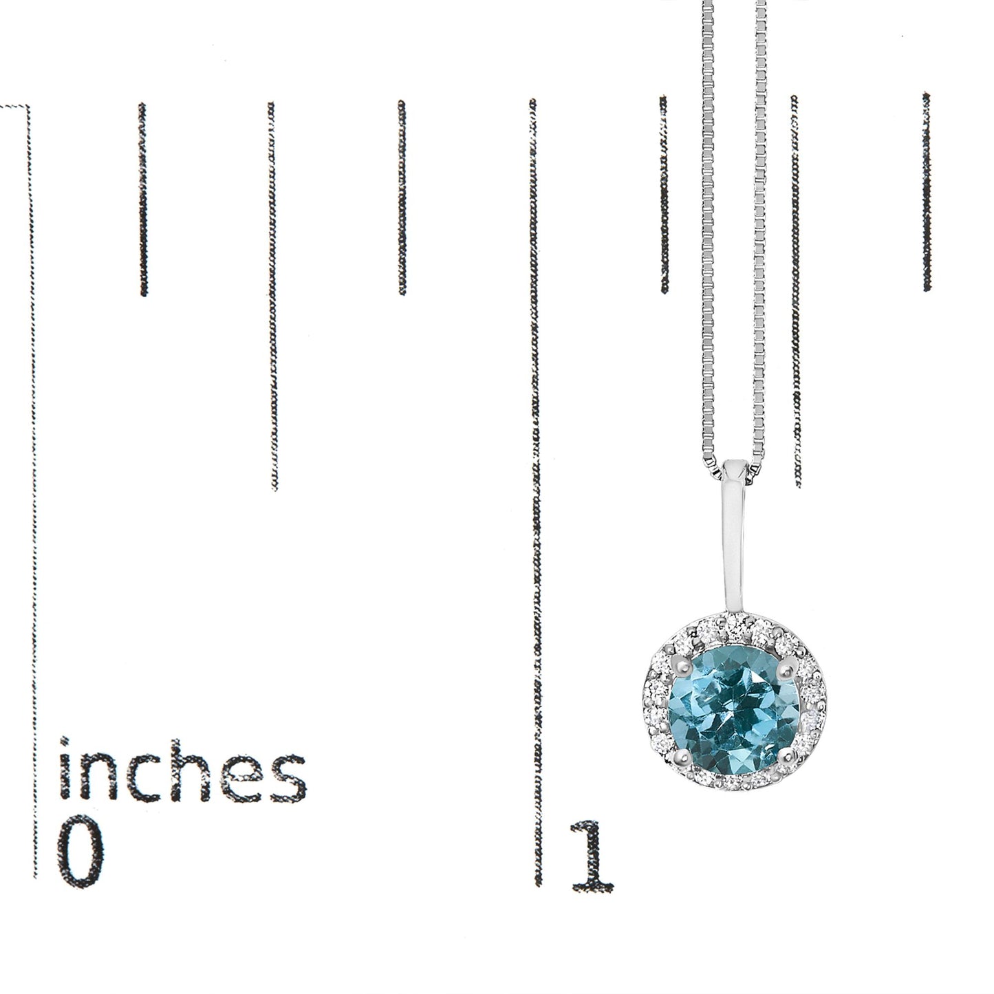 Close-up front angle of a white necklace pendant shown on a scale, featuring a round blue gemstone in a four-prong setting surrounded by a halo of round white gemstones in a shared prong setting.
