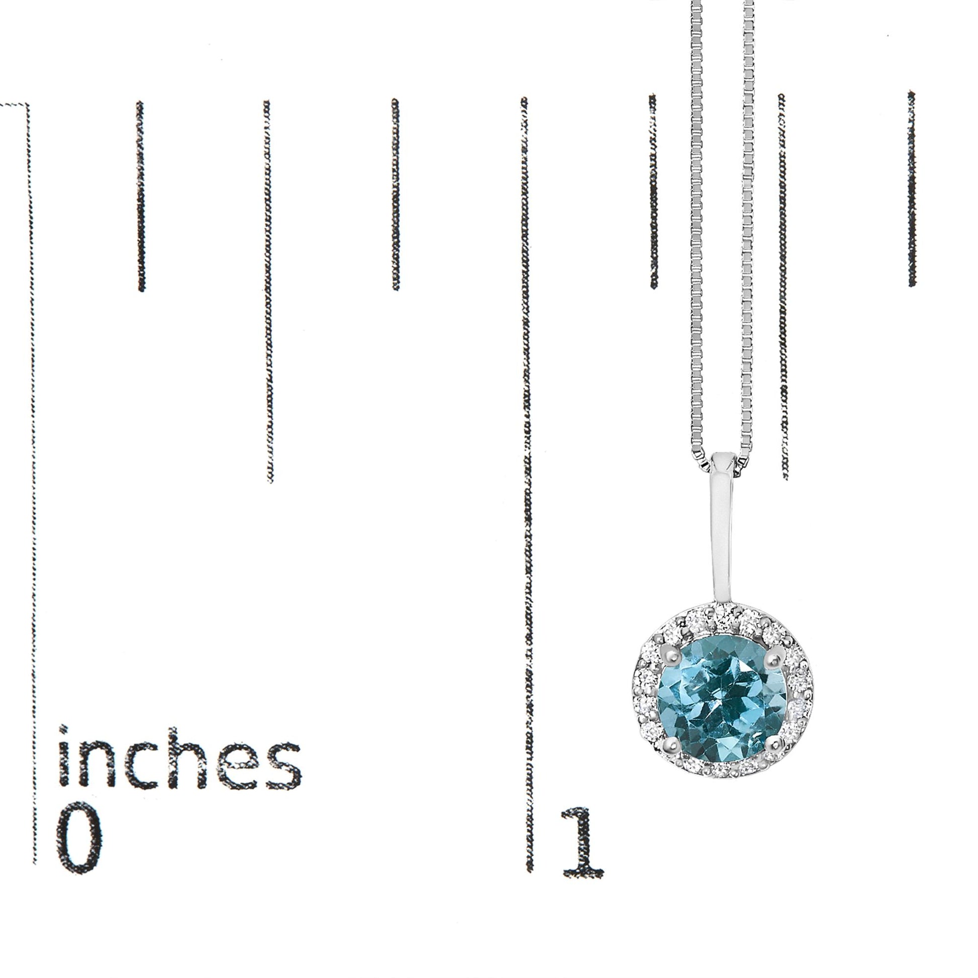 Close-up front angle of a white necklace pendant shown on a scale, featuring a round blue gemstone in a four-prong setting surrounded by a halo of round white gemstones in a shared prong setting.
