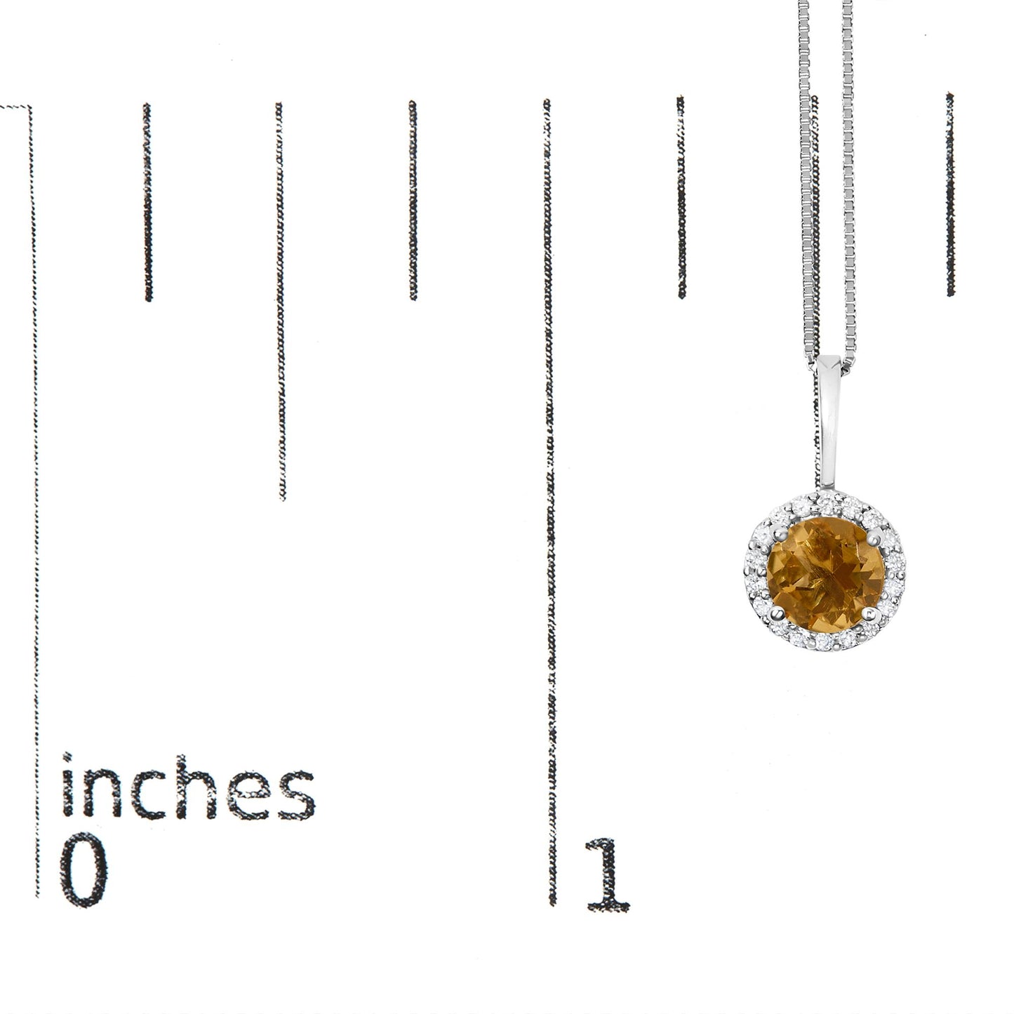 Close-up front view of a white metal necklace pendant with a round orange gemstone center, surrounded by a circular halo of small round white gemstones, shown on a ruler scale.