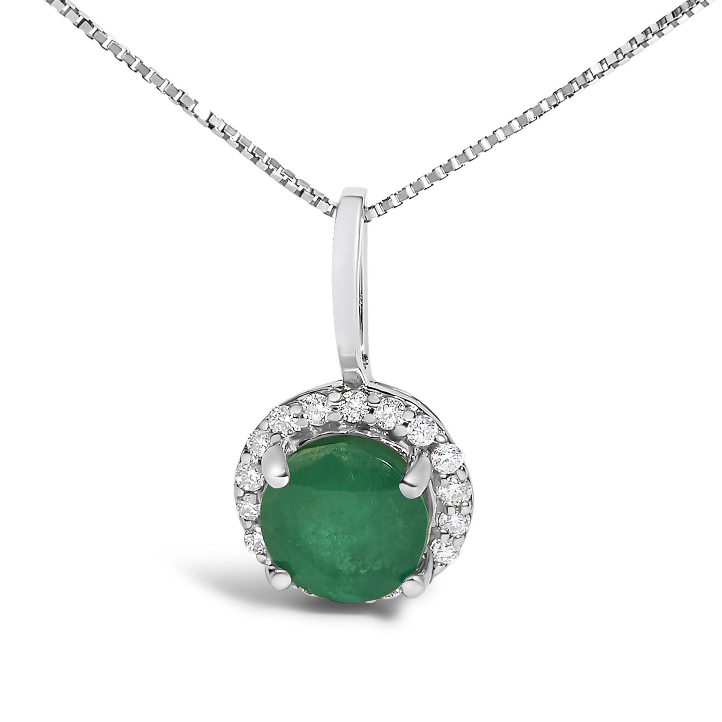 Close-up front view of a white metal necklace with a round green gemstone pendant surrounded by a halo of small round white gemstones in shared prong settings.