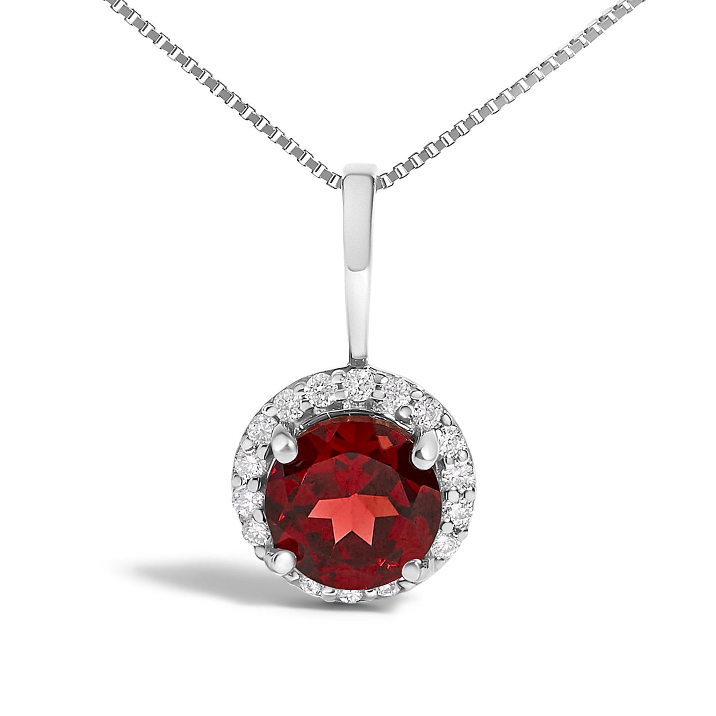Close-up front view of a white metal necklace with a round red gemstone pendant surrounded by small round white gemstones in a shared prong setting.
