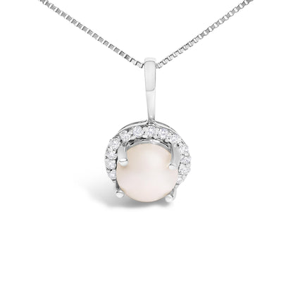 Close-up front view of a white metal necklace with a round white gemstone pendant, surrounded by round white gemstones in a shared prong setting.