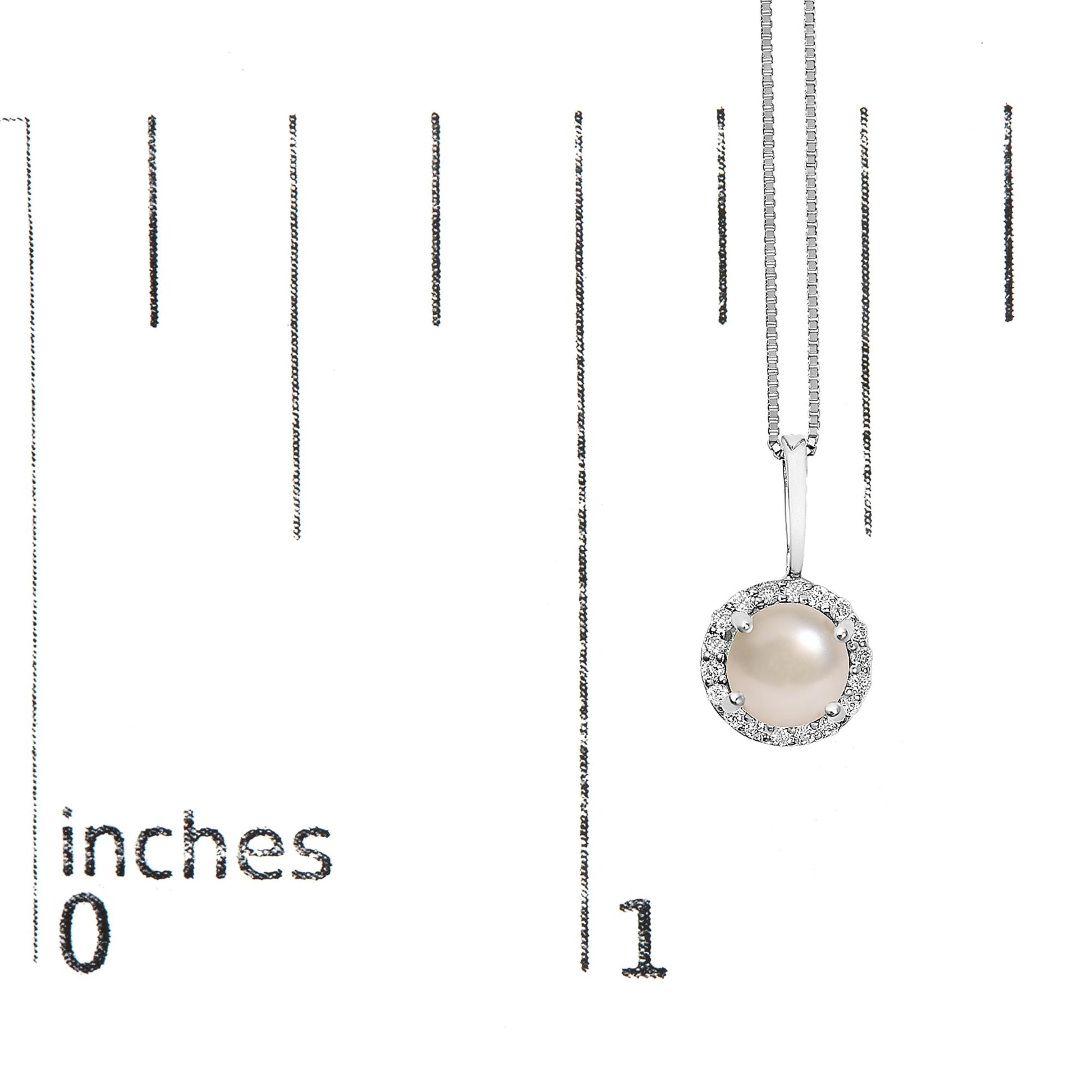 White metal necklace shown on a scale with a round white gemstone center surrounded by a halo of white gemstones, viewed from the front.
