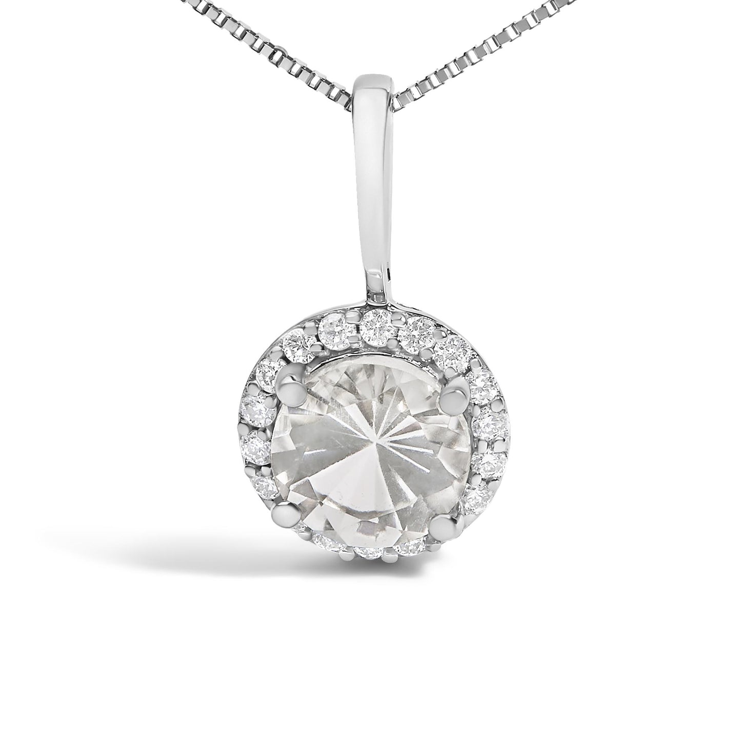 Close-up front view of a white metal necklace pendant featuring a large round white gemstone set with four prongs, surrounded by a halo of round white gemstones in a shared prong setting, shown on a white background.