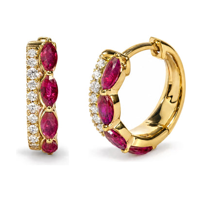 Close-up front and side angle of yellow metal hoop earrings featuring marquise-shaped red gemstones and round white gemstones in prong settings.