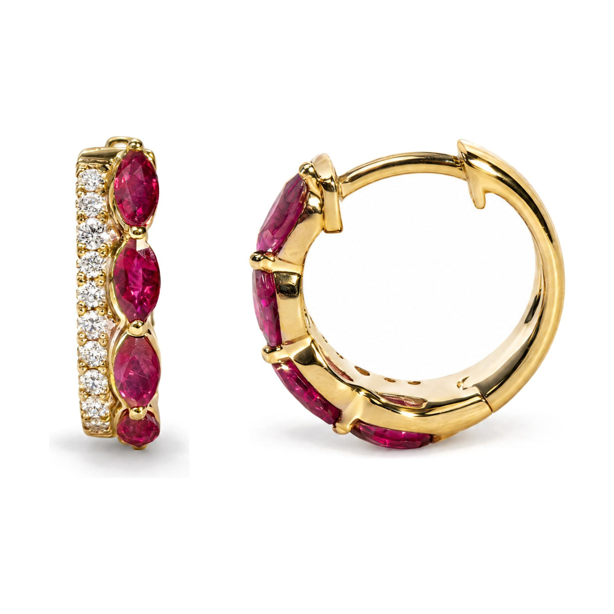 Close-up front and side view of yellow metal hoop earrings set with marquise-shaped red gemstones and round white gemstones in prong settings.