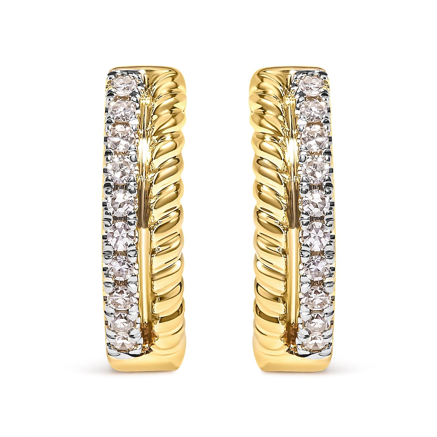 Front-facing close-up of pair of yellow earrings with twisted design and a vertical row of round white gemstones in pave setting.