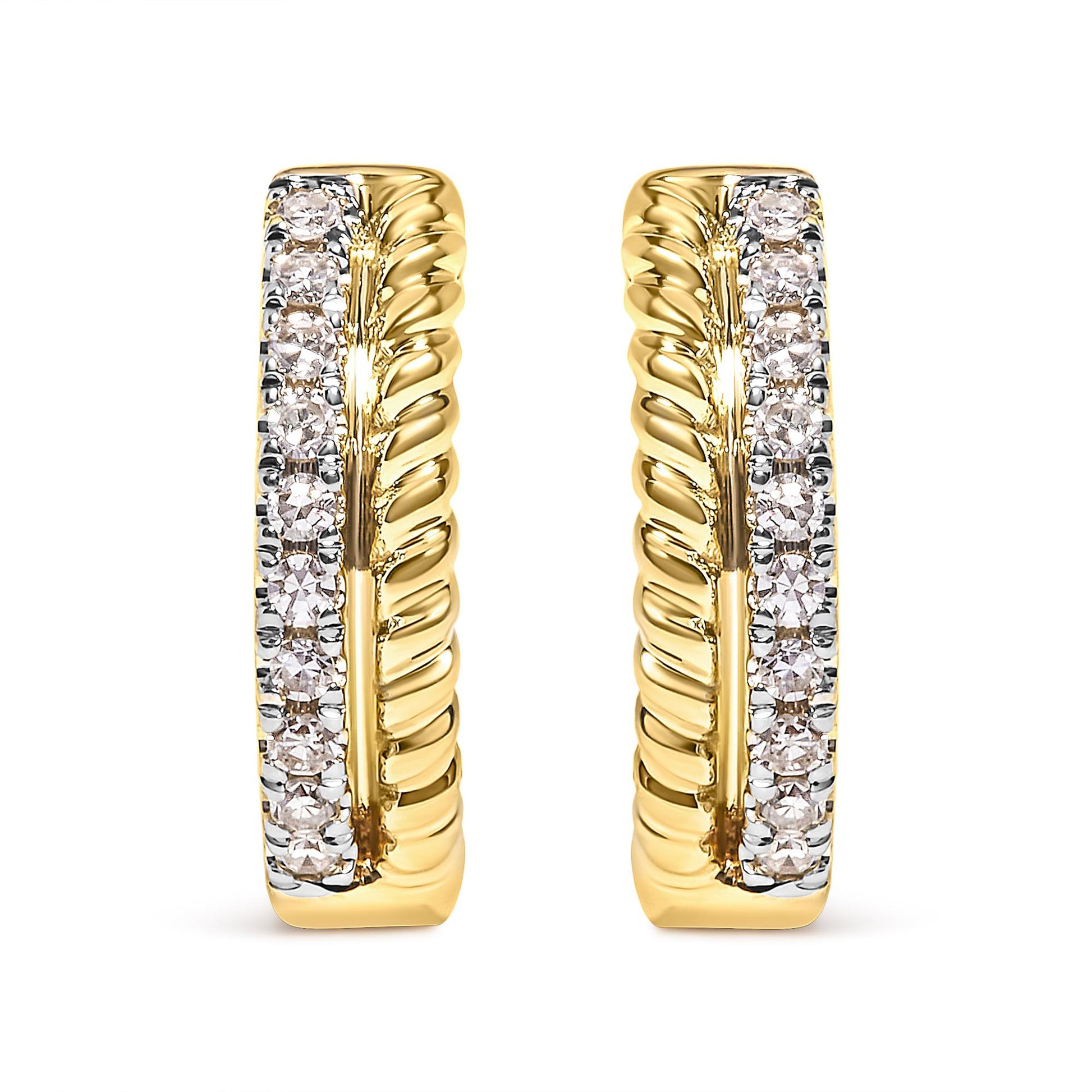 Front-facing close-up of pair of yellow earrings with twisted design and a vertical row of round white gemstones in pave setting.
