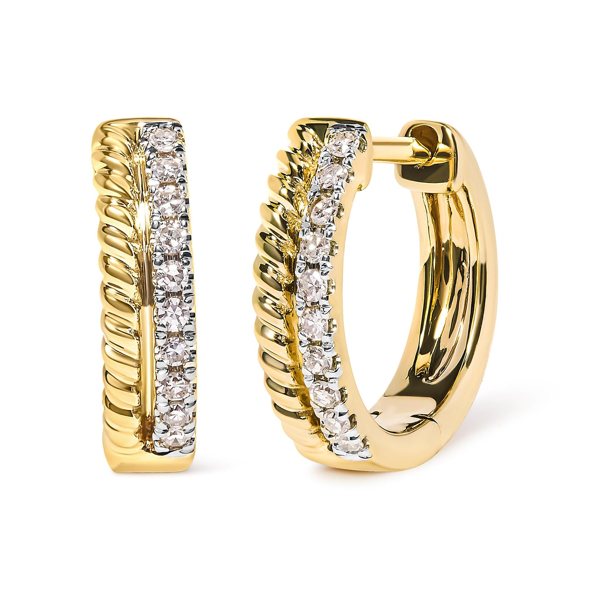 Close-up front and side view of yellow metal hoop earrings with a row of round white gemstones in a pave setting along the outer edge and a twisted pattern on the side.