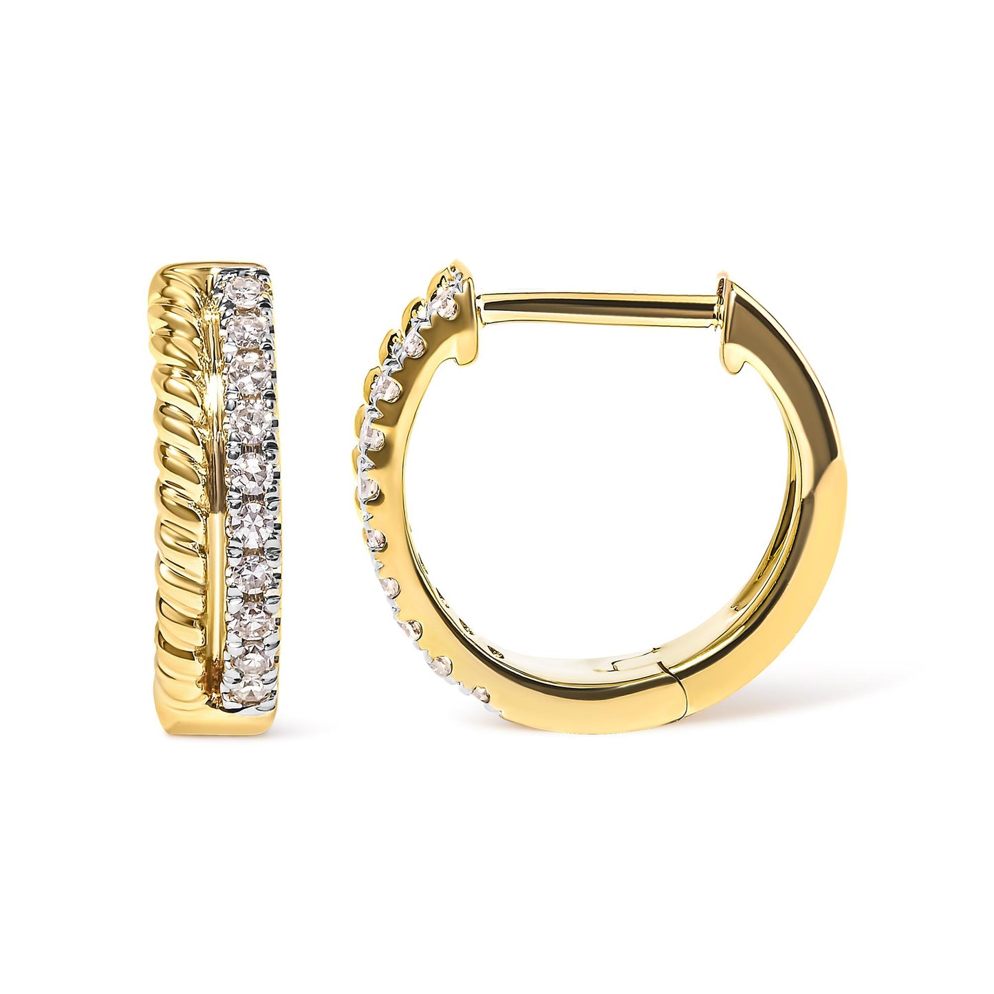 Pair of yellow metal hoop earrings with a twisted design and a row of round white gemstones in pave setting, shown from front and side angles.