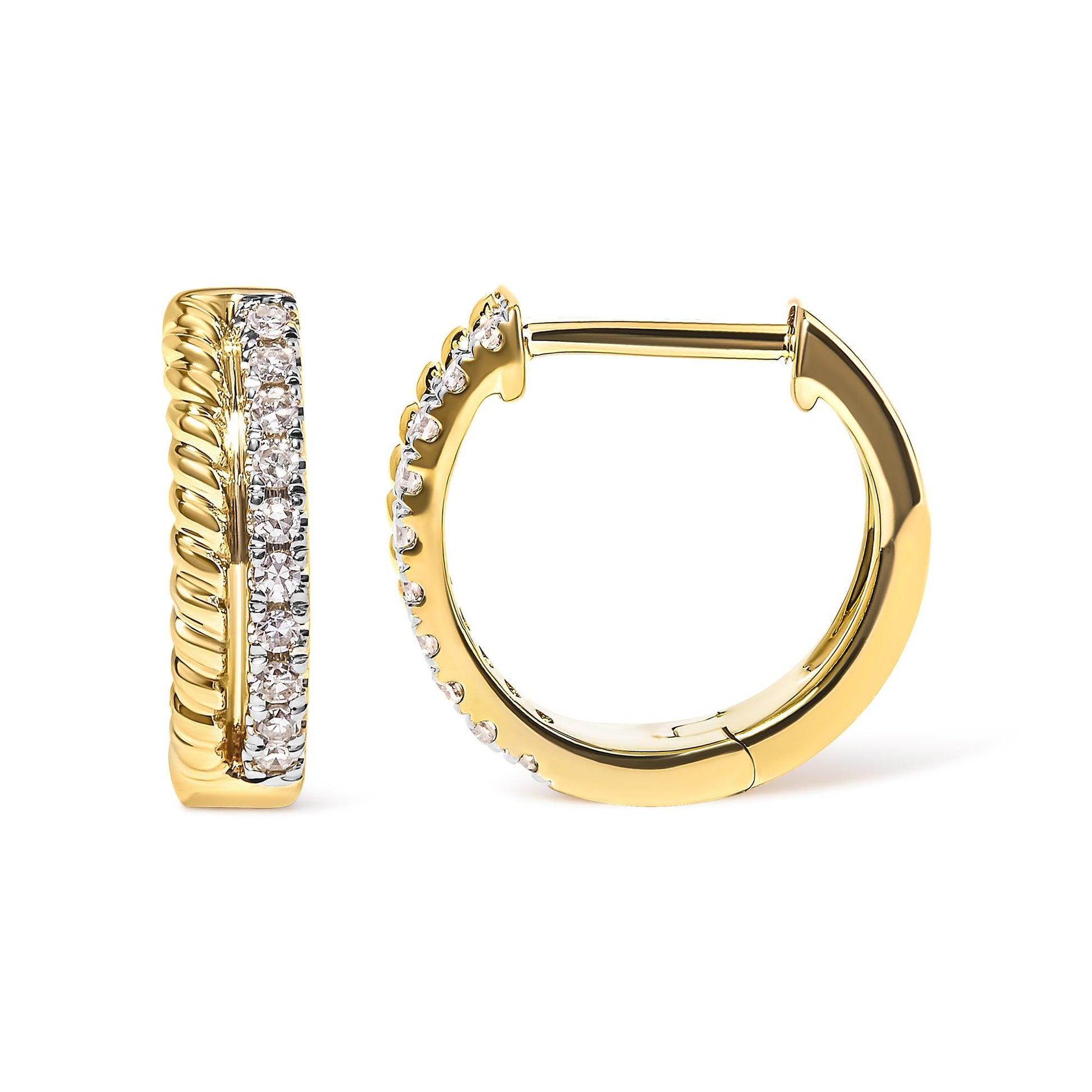 Pair of yellow metal hoop earrings with a twisted design and a row of round white gemstones in pave setting, shown from front and side angles.