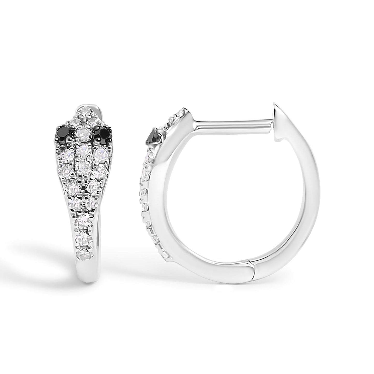 Pair of white metal hoop earrings shown from front and side angles, featuring round white and black gemstones in prong settings on the front half.