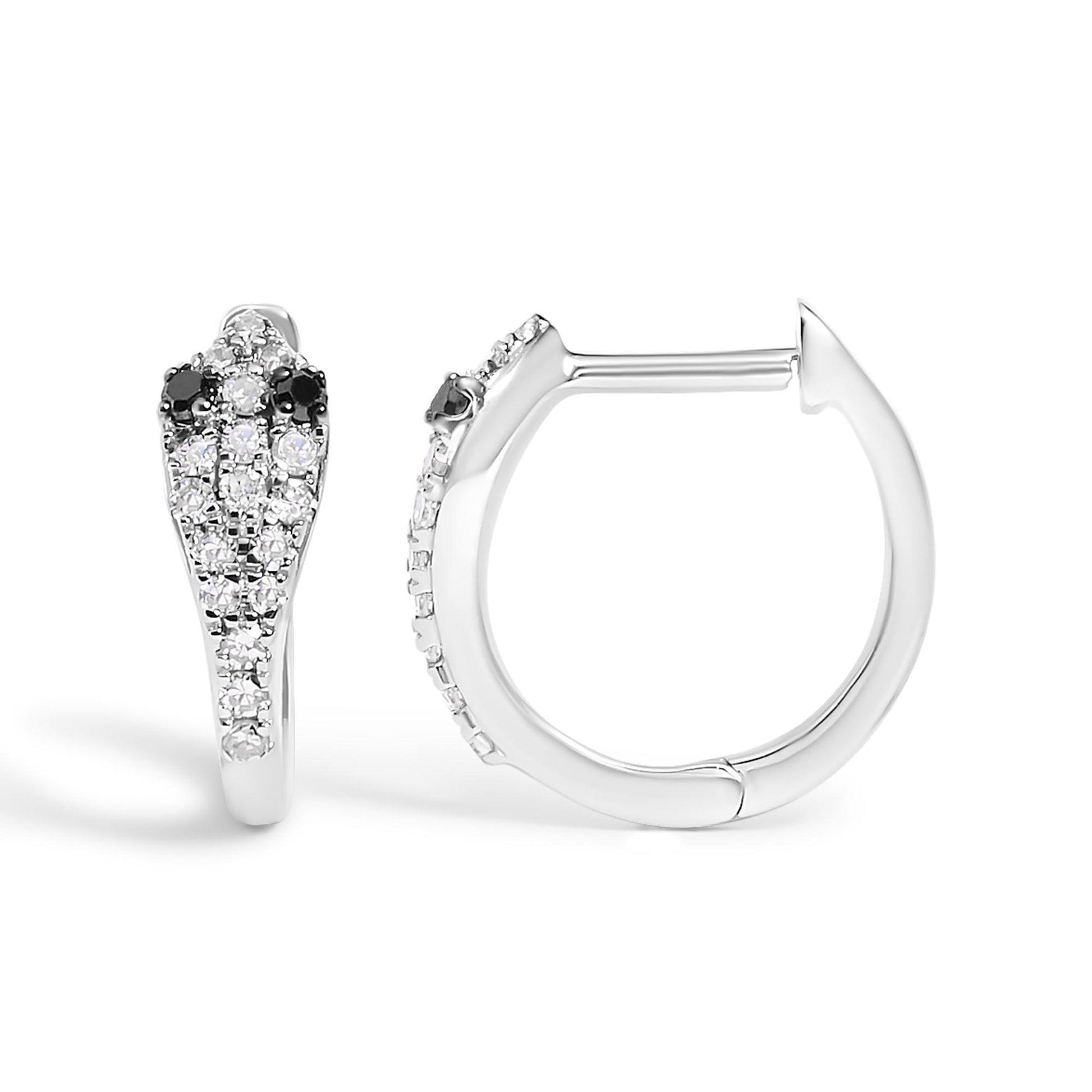 Pair of white metal hoop earrings shown from front and side angles, featuring round white and black gemstones in prong settings on the front half.